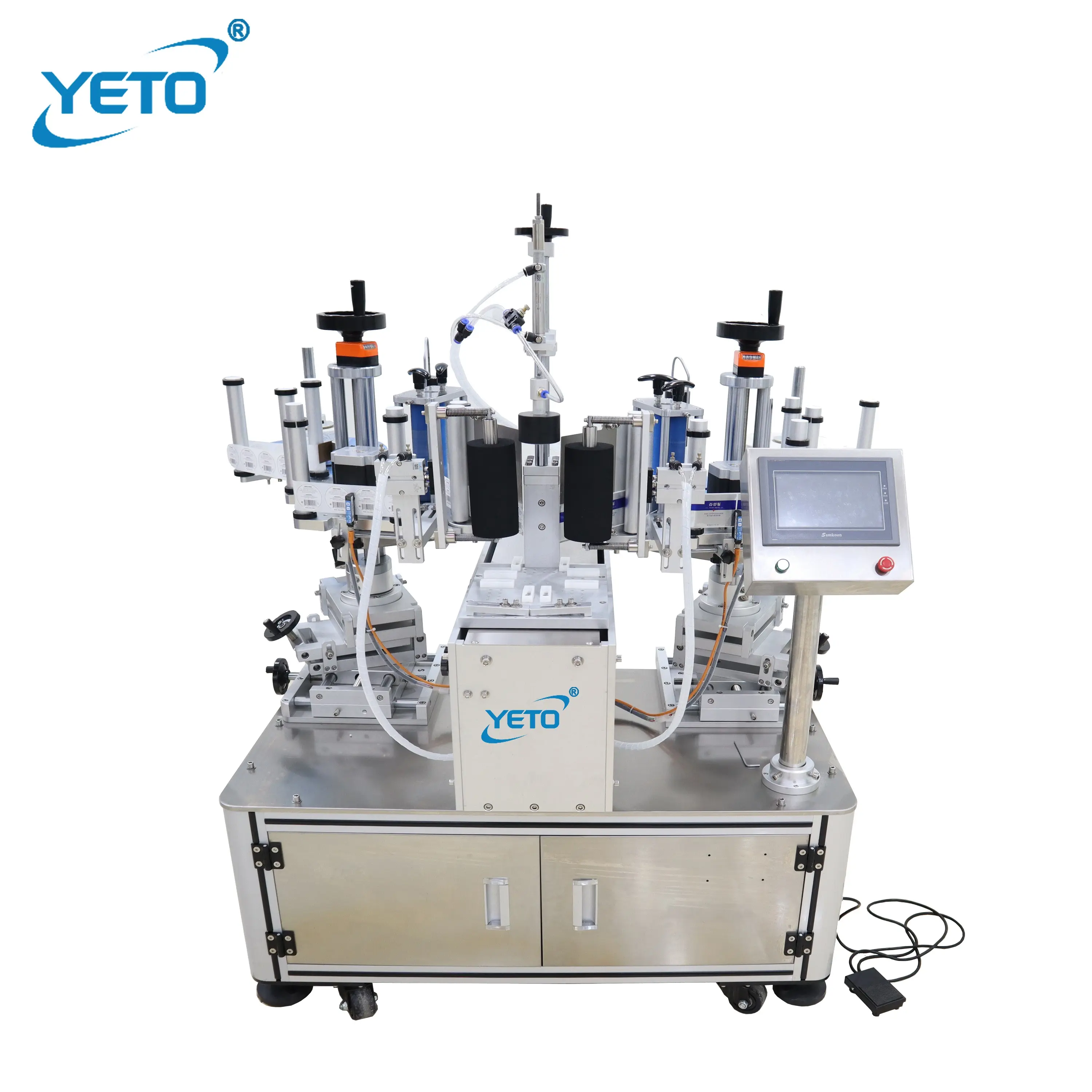YETO 세미 자동 양면 플랫 병 스티커 라벨 기계 드럼 배럴 캔 항아리