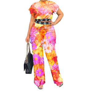 Hot Style Casual Soild Color Short Sleeve Crop Top Straight Leg Pants <b>Set</b> for Women Fashion - Product Image 1