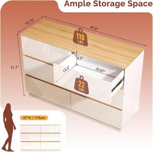 <span class=keywords><strong>Commode</strong></span> moderne en bois blanc laqué à <span class=keywords><strong>6</strong></span> <span class=keywords><strong>tiroirs</strong></span> avec dessus marron pour chambre à coucher - Product Image 5