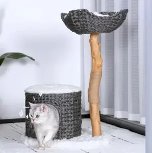 Tour d'arbre à chat en bois rustique grattant Condo avec panier tissé poteaux en sisal perchoirs maisons pour grande plate-forme de saut de chat