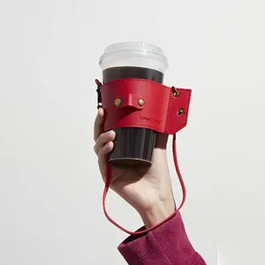 Tùy Chỉnh Tái Sử Dụng Cà Phê Tay Áo PU Leather Cup Chủ Xách Tay Nóng Và Đá Cà Phê Tay Áo Với Cà Phê Rơm