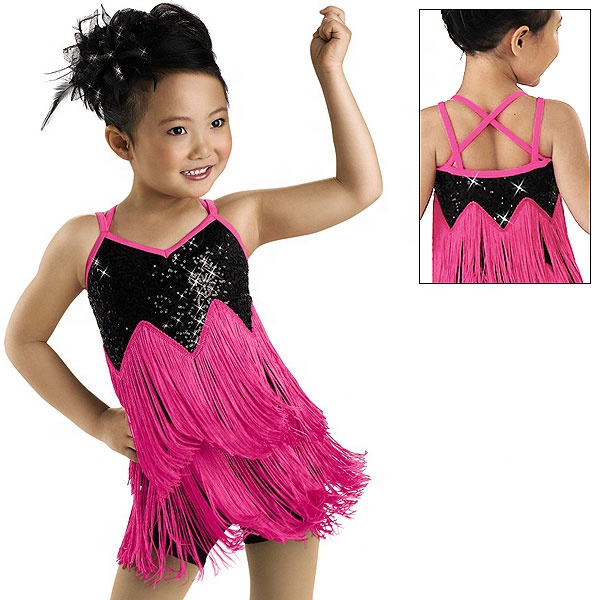 Abito Da Ballo Latino Per Bambina Con Frange - Costume Competizione Senza Maniche In Poliestere Per Danza