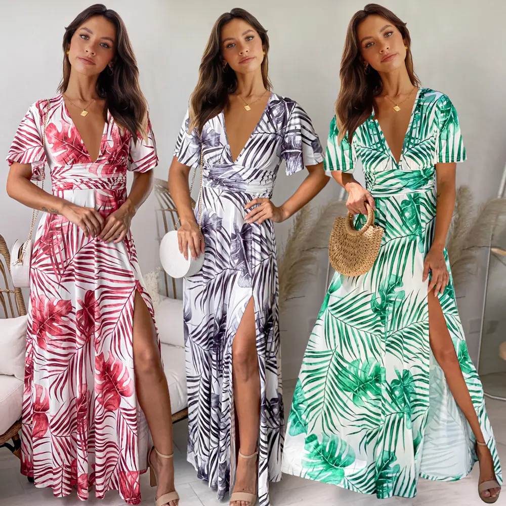 2022 Zomer Strand Sexy Dames Kleding Fashion Design Leaf Digital Print Diepe V-hals Korte Hoge Split Vrouwen Maxi Lange jurken