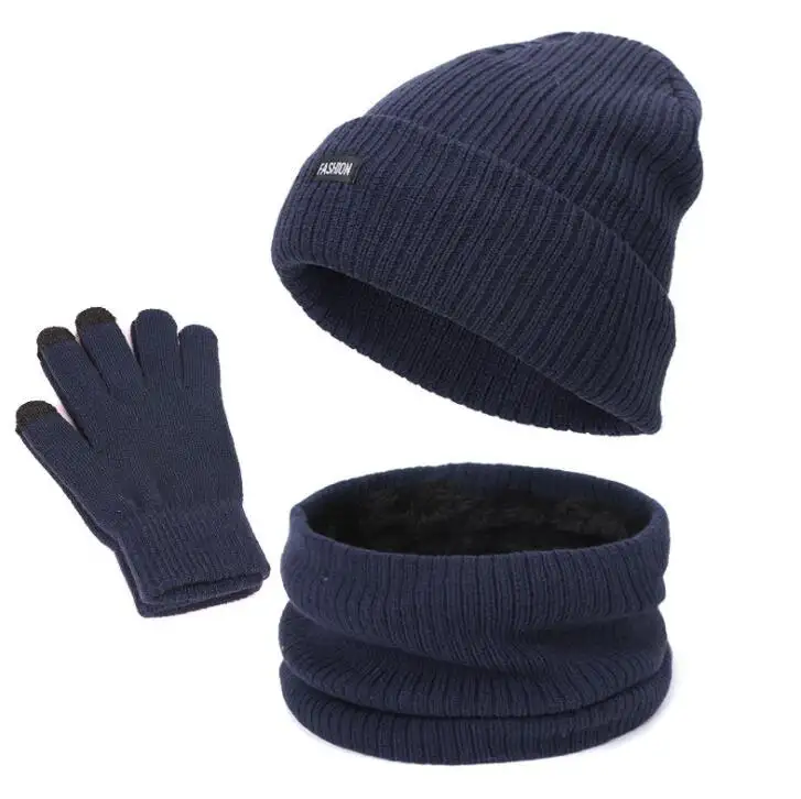 Gorro de invierno, bufanda, juego de guantes con pantalla táctil, calentador de cuello de 3 piezas y guantes con pantalla táctil, bufanda para hombres, logotipo personalizado, Unisex, adultos