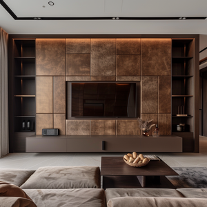 <span class=keywords><strong>Meuble</strong></span> <span class=keywords><strong>TV</strong></span> <span class=keywords><strong>mural</strong></span> sur mesure avec base au sol, étagères ouvertes et rangement latéral pleine hauteur pour salons - Product Image 1