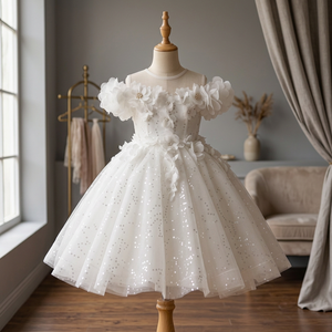 Blossom Luxury Princess Dress White 3D Floral Puffy Sleeve Sequin Tulle Knee-Length Breathable Lightweight Girls Tutupetti Made - Product Image 3