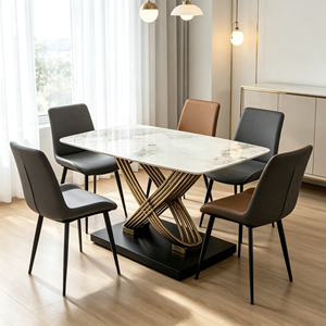 Ensemble de table à manger moderne en pierre frittée avec base en acier inoxydable doré torsadé, chaises en cuir PU, 6 places, style minimaliste - Product Image 1