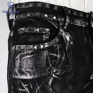EDGEDENIM <span class=keywords><strong>Jeans</strong></span> Personalizzati Nuovo Stile Revival Skinny in Pelle Cerata Stile Rock con Stampa in Lamina Argento <span class=keywords><strong>Jeans</strong></span> Rivestiti in Cera per Uomo - Product Image 4