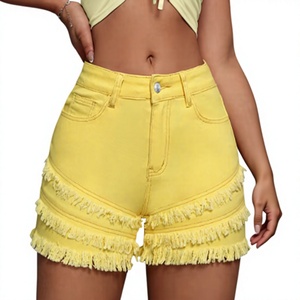 Shorts en jean jaunes taille haute pour femme avec franges – Idéal pour l'été et les tenues décontractées - Product Image 1