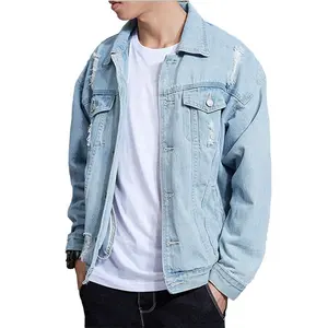 Özel OEM moda düz renk mavi bahar yıkanmış Denim Jean ceket erkekler için