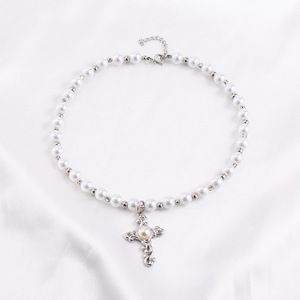 European American Fashion Imitation Pearl Rhinestone <b>Cross</b> Pendant Necklace For Men Women Titanium Steel Beaded <b>Chain</b> Everyday - Product Image 4