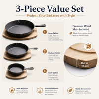Ensemble de 3 poêles en fonte avec dessous de plat en bois, poêles empilables pour la cuisine, la cuisson, le service et l'utilisation sur la table, sans revêtement