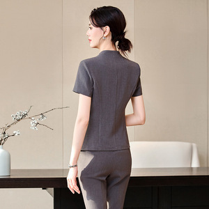Women's Summer Short Sleeve Suit Set Gray Office Lady Formal Work Uniform Breathable Polyester Fabric - Product Image 3
