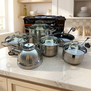 Conjunto de Panelas de Aço Inoxidável Reforçado 12 Peças: Panela Grande, Panela, Frigideira, Chaleira com Apito - Utensílios de Cozinha Modernos e Minimalistas - Product Image 6