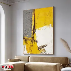 Pintura al óleo abstracta sencilla para sala de estar, pintura al óleo pintada a mano, con encanto amarillo, color gris, grande, decorativa