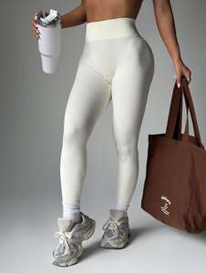 Cream White Tummy Control Elastic <b>Waist</b> Workout Pants <b>High</b> <b>Waist</b> Ribbed <b>Seamless</b> Yoga <b>Legging</b> - Product Image 6