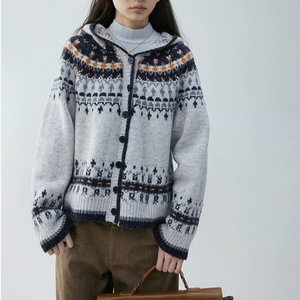 Op maat gemaakte OEM Fair Isle geometrisch gebreide dames <span class=keywords><strong>cardigan</strong></span> met capuchon, vintage knoopsluiting, wintertrui, groothandel fabrieks prijs, lage minimale bestelhoeveelheid - Product Image 4