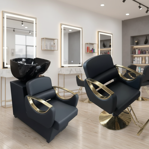 Fauteuil de lavage de luxe moderne noir et or avec bac en céramique blanc profond pour salon de coiffure et barbier - Product Image 5