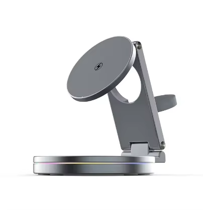 Zinc Alloy Foldable 3 in 1 Magnetic Wireless Charger Stand 15W Fast Charger RGB Light For iPhone Apple Watch AirPods Samsung