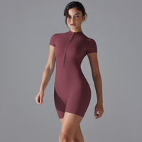 Aoyema Combinaison sexy à manches courtes et fermeture éclair pour femme, combinaison fitness, yoga, entraînement, sport, une pièce, barboteuses, vêtements de forme pour femme