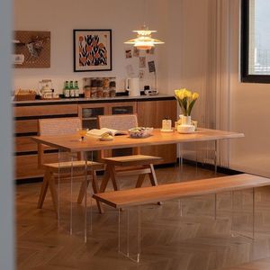 Mesa de comedor de madera de pino con patas de acrílico, estilo minimalista para el hogar u oficina - Product Image 2