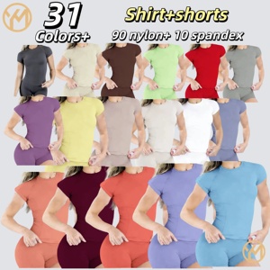 Yimo <span class=keywords><strong>Ensemble</strong></span> de <span class=keywords><strong>sport</strong></span> pour <span class=keywords><strong>femme</strong></span> 31 couleurs, Vente chaude, comprenant un haut de yoga couleur unie et un short de fitness froncé aux fesses, séchage rapide - Product Image 1