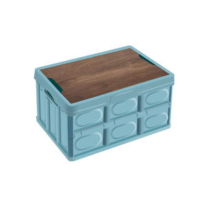 Foldable Plastic Car <b>Storage</b> <b>Box</b> 55L With Wooden Lid For <b>Trunk</b> Home Camping Use - Product Image 2