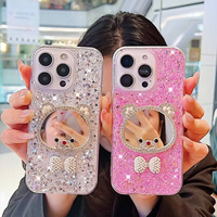 Mignon Ours Glitter Goutte À Goutte Colle Maquillage Miroir Funda Téléphone Portable Cas pour iPhone 16 Pro Max 17 15 14 Plus 13 Coque Couverture Arrière