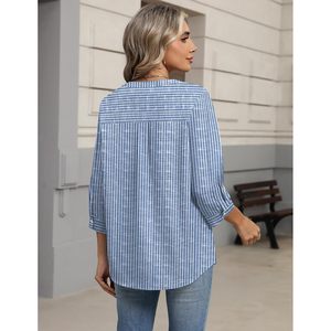 FOXA Camisa con botones para mujer, manga 3/4, lino, algodón, cuello en V, blusa informal asimétrica para el trabajo - Product Image 3