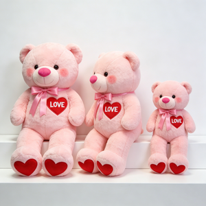Oso de peluche rosa personalizado, oso de peluche con corazón, oso rosa de San Valentín con lazo, juego de osos de peluche románticos de varios tamaños - Product Image 1