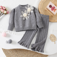 Ensemble de vêtements pour bébé fille, pull en tricot floral 3D d'hiver et pantalon évasé, deux pièces, vêtements chauds et tendance pour bébé