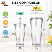 Gobelet en plastique transparent Beeman à double paroi avec couvercle à paille, 16oz 32oz, logo personnalisé, vente en gros, OEM, tasse réutilisable