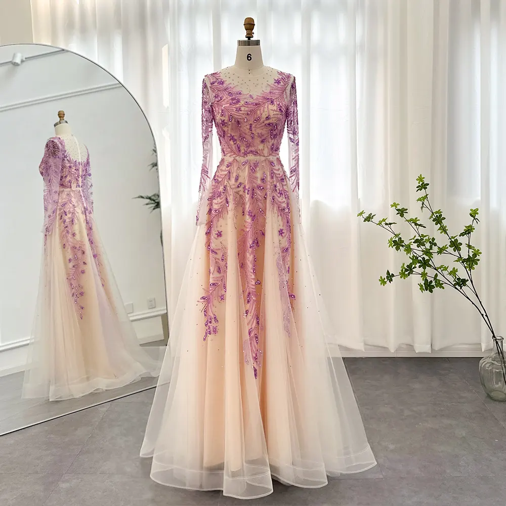 SCZ066-2 Arabic Long Sleeve Lilac Evening Dresses for Women 2023 Luxury Dubai Designer Wedding Party Formal Gowns