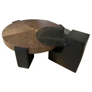 Nordic न्यूनतम आधुनिक गोल अखरोट रंग स्प्लिंग लकड़ी अनाज कॉफी टेबल लिविंग रूम लकड़ी की चाय टेबल