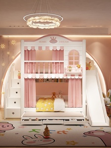 Cama litera de <span class=keywords><strong>madera</strong></span> para niñas, tamaño doble, con tobogán de casa del árbol para espacios pequeños - Product Image 1