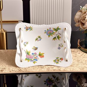 Wholesale Modern Design <b>Plant</b> Pattern Decorative Bone China 2-Piece Chocolate <b>Tray</b> Plate Kitchen Decor Fruit Bowl with Stand - Product Image 2