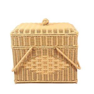Bye-bye <b>Basket</b> Outdoor Camping Imitation Rattan Vegetable <b>Basket</b> Handbag Double Layer Woven Grid with Lid Rattan <b>Storage</b> <b>Basket</b> - Product Image 5