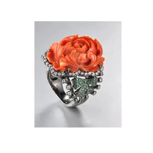 Custom Fashion jewelry ring 18K gold diamond red coral rose flower design ring