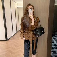 Veste coupe-vent classique tissée marron de qualité supérieure pour femme, en similicuir PU, manteau personnalisé pour l'automne et le streetwear