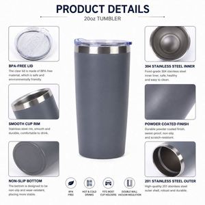 Custom logo 20oz Classic Powder Coated <b>Vacuum</b> Insulated Travel Coffee Mug 20 oz Stainless Steel Tumbler with Lid - Product Image 5