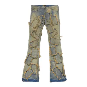 Özel erkekler Vintage Denim Hip Hop yıkanmış işlemeli sıkıntılı pantolon Flare yığılmış kot
