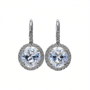 Eleganti orecchini pendenti in argento 925 con alone di strass in cristallo rotondo per le donne, gioielli in stile classico da matrimonio - Product Image 1