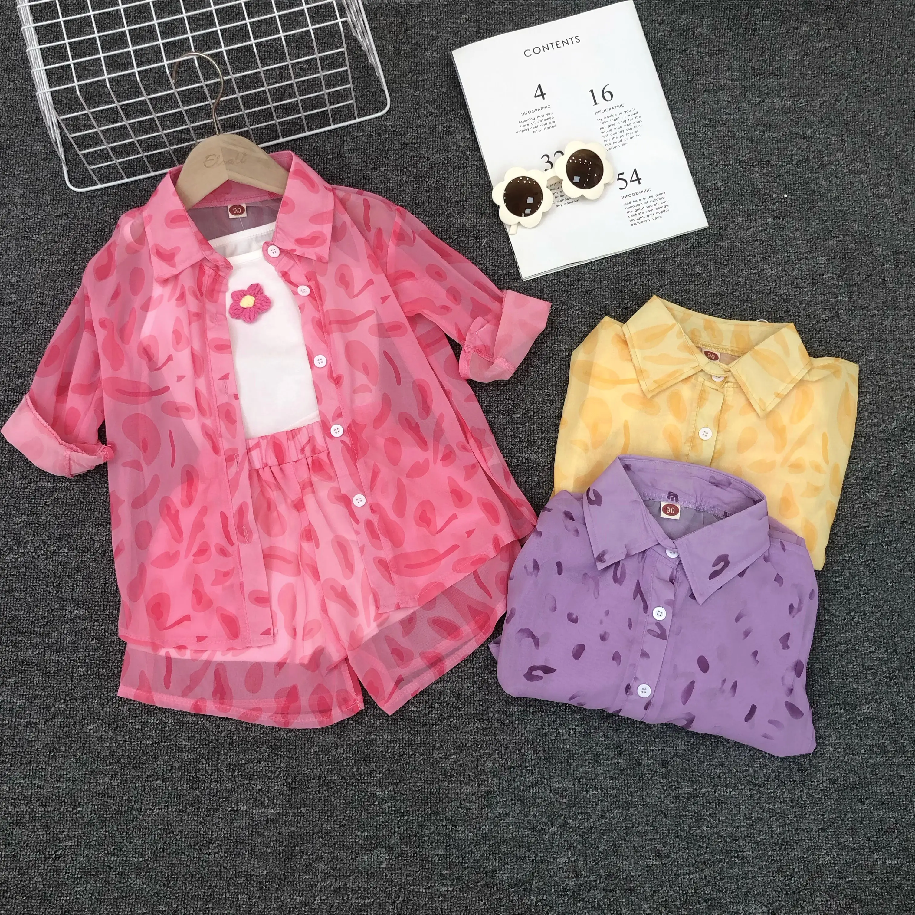 RTS baju bayi perempuan musim panas anak-anak pakaian anak perempuan merah muda sifon jaket pelindung matahari celana pendek 3 potong set baju anak perempuan 2023