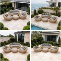 Ensemble de salon en rotin PE tressé de style européen vintage |   Canapé d'extérieur 5 places en aluminium style farmhouse avec table réglable |   Vente en gros