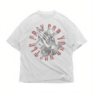T-shirt graphique mains en prière et billets de banque, style gothique Y2K, effet délavé vintage, coupe oversize, unisexe, streetwear - Product Image 2