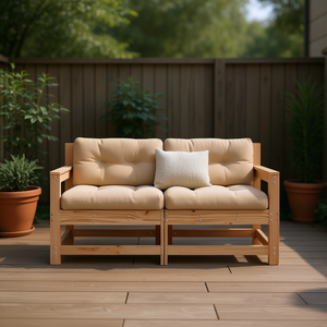 Banc de patio en bois naturel avec coussins beiges, siège pour 2 personnes, mobilier d'extérieur, design rustique moderne - Product Image 2