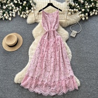 Robe longue décontractée élégante pour femmes, en dentelle rose, sans manches, coupe trapèze, avec ceinture à la taille, pour un usage quotidien, vêtements pour femmes