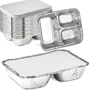 Contenedor de caja de comida de almuerzo de papel de aluminio de múltiples compartimentos con tapa