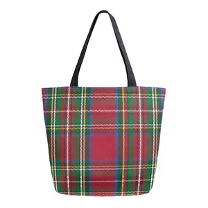 Custom Logo Printing Large Women Casual Shoulder Bag Christmas Tartan Plaid Checked Cotton Canvas Tote Bag For Outdoors Travel