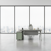 Bureau de direction moderne convertible en forme de L, gris et blanc, en panneaux de particules E1 écologiques, rails silencieux, pour bureau professionnel de PDG
